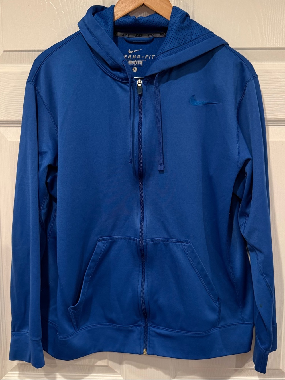 Nike Men’s L Regular Blue Therma-FIT Fleece Full Zip Hoodie Logo Pockets O37